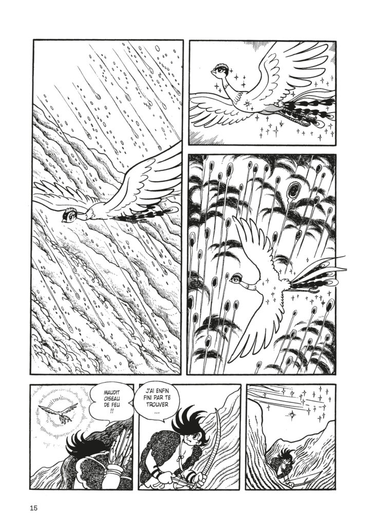 Illustrations de la page 15 de Phénix - L'oiseau de feu, d'Osamu Tezuka, vol. 1. © 2022 by Tezuka Productions.