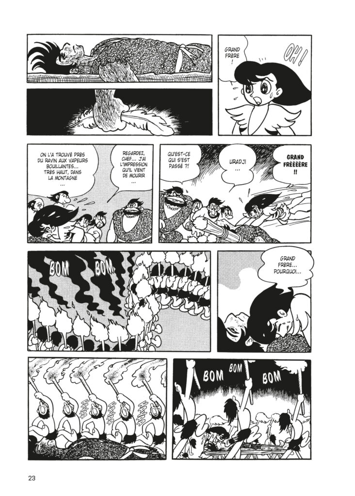 Illustrations de la page 23 de Phénix - L'oiseau de feu, d'Osamu Tezuka, vol. 1. © 2022 by Tezuka Productions.