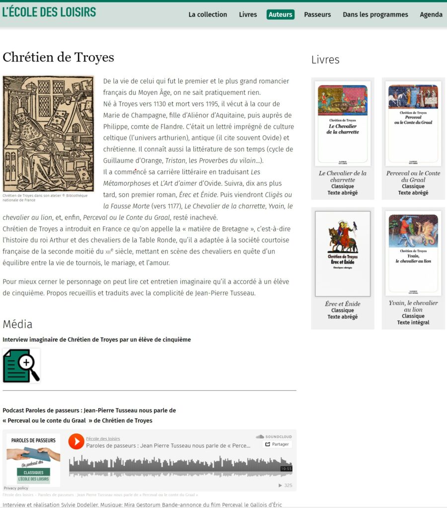 Site Classiques de l'école des loisirs, page Chrétien de Troyes